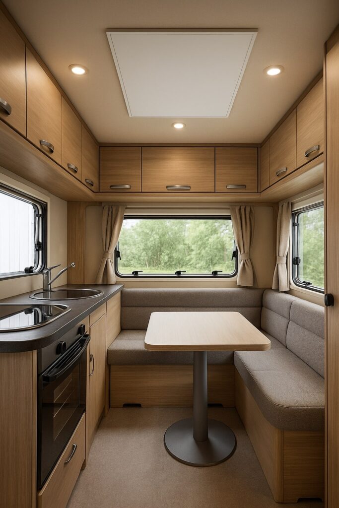 Infrarotheizung im Wohnwagen Innenraum Küche und Essbereich in einem Wohnwagen