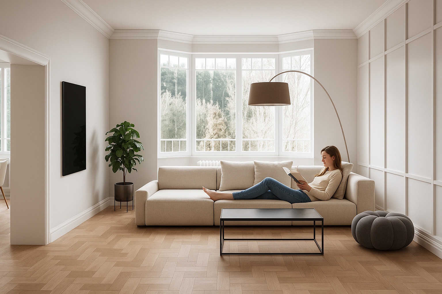 Infrarotheizung im Altbau - Frau sitzt gemütlich auf dem Sofa