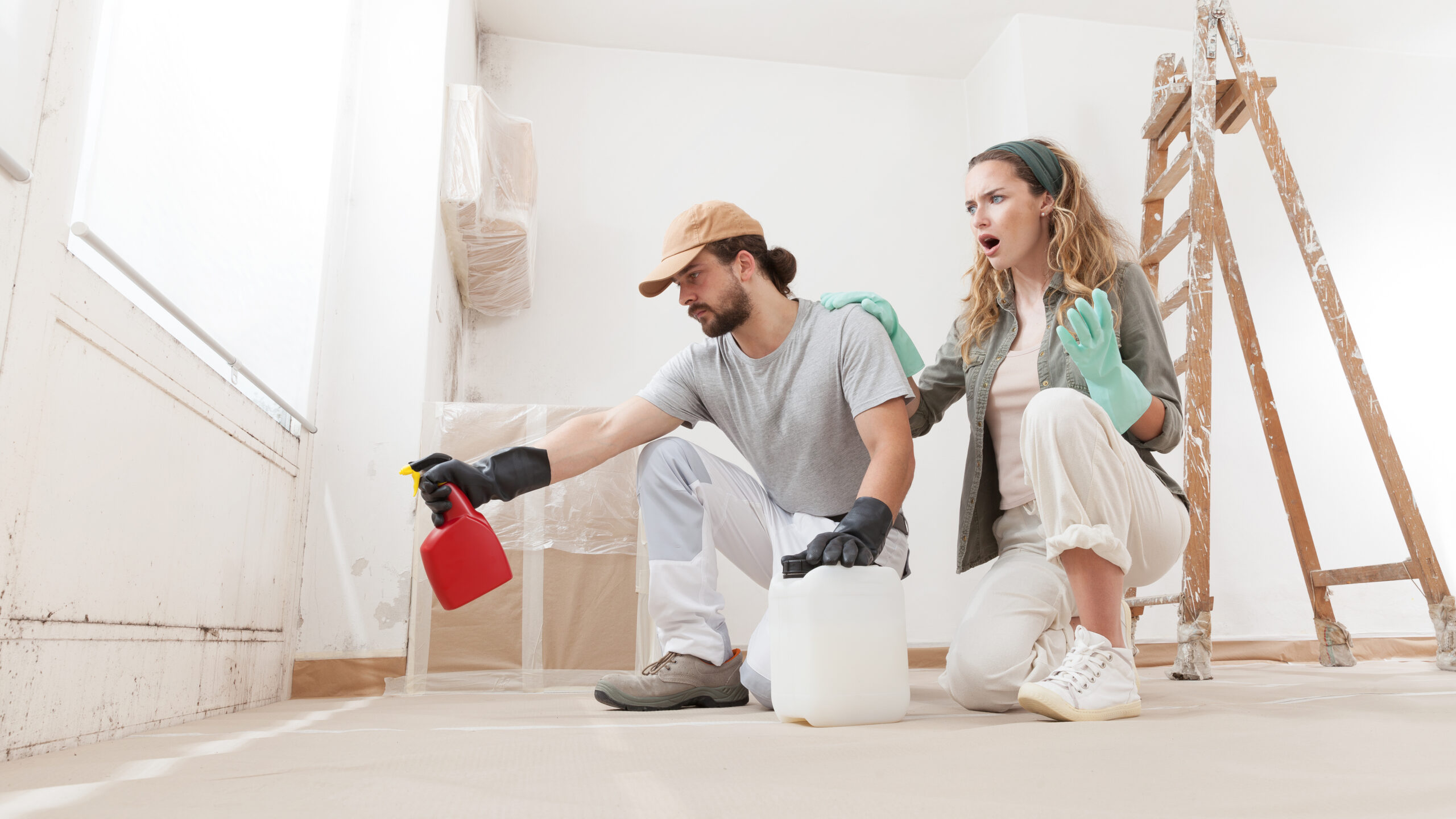Concerned Woman and Partner young couple using professional products for DIY mold remediation and Repainting in Home Renovation Project. Cleaning and Treatment for healthier living environment. Infrarotheizung gegen Schimmel im Badezimmer