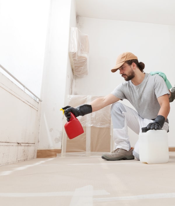 Concerned Woman and Partner young couple using professional products for DIY mold remediation and Repainting in Home Renovation Project. Cleaning and Treatment for healthier living environment. Infrarotheizung gegen Schimmel im Badezimmer